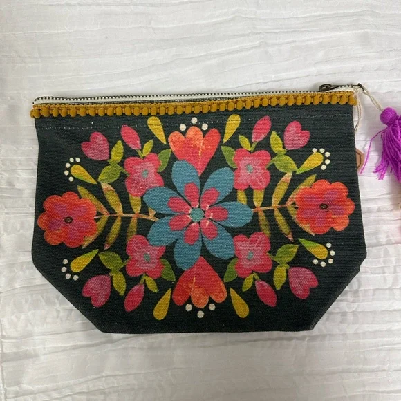 natural life Charcoal Gray Pink Blue Gold Floral Canvas Cosmetic Pencil Pouch - Picture 2 of 9